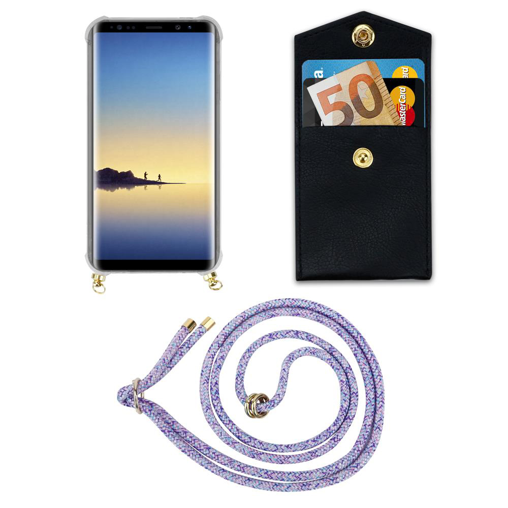 Uno smartphone in custodia, un portafoglio nero con soldi e carte, e un cordone viola.