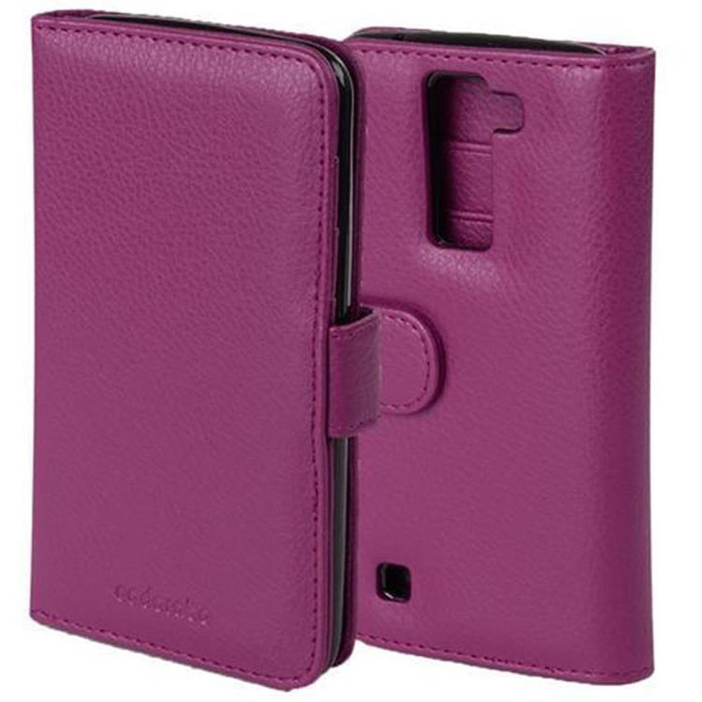 Custodia in pelle viola per telefono, aperta, con ritaglio per fotocamera e flash.