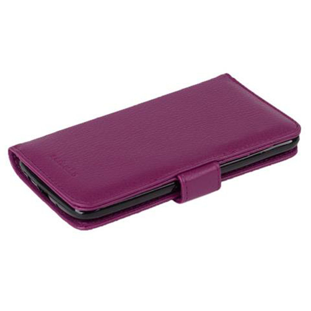 Custodia a portafoglio in pelle viola per smartphone.