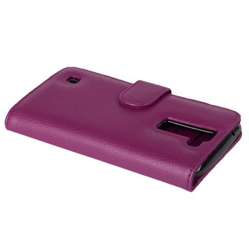 Custodia a portafoglio in pelle viola con ritagli per fotocamera e pulsanti.