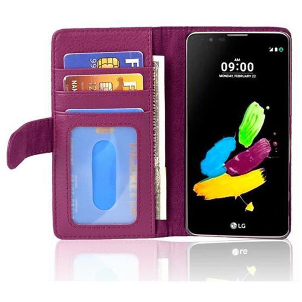 Custodia a portafoglio viola per telefono con slot per carte e uno smartphone che mostra tratti colorati.