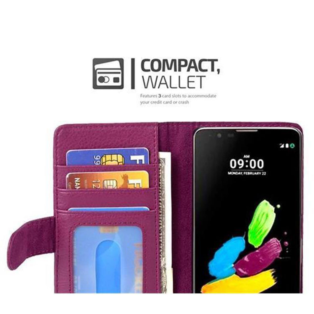 Portafoglio viola con slot per carte e uno smartphone che mostra le 09:00.