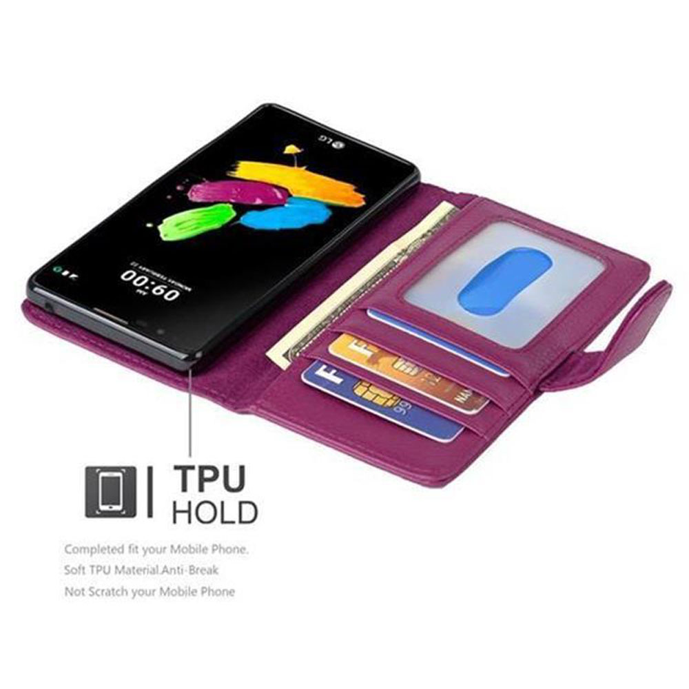 Custodia a portafoglio viola con slot per carte che tiene uno smartphone con display colorato.