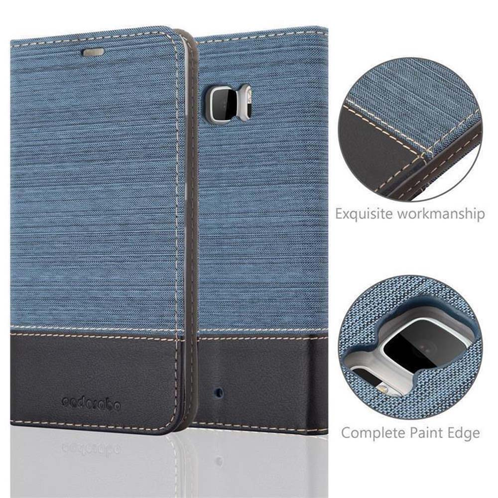 Custodia blu per telefono con finiture in pelle nera e cuciture bianche. Viste dettagliate.