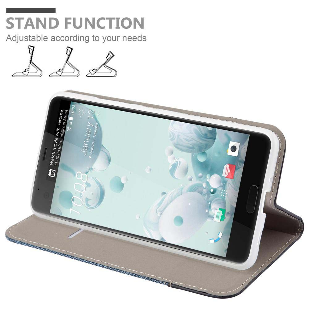 Un telefono in una custodia blu con funzione di supporto. Tre supporti sono mostrati in alto.