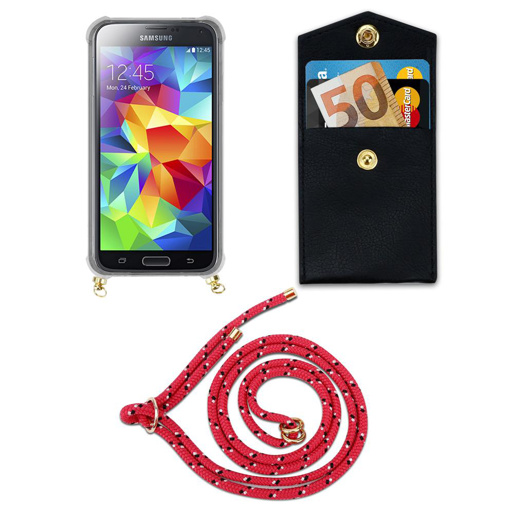 Telefono Samsung con sfondo colorato, porta carte nero con soldi e carte, corda rossa.
