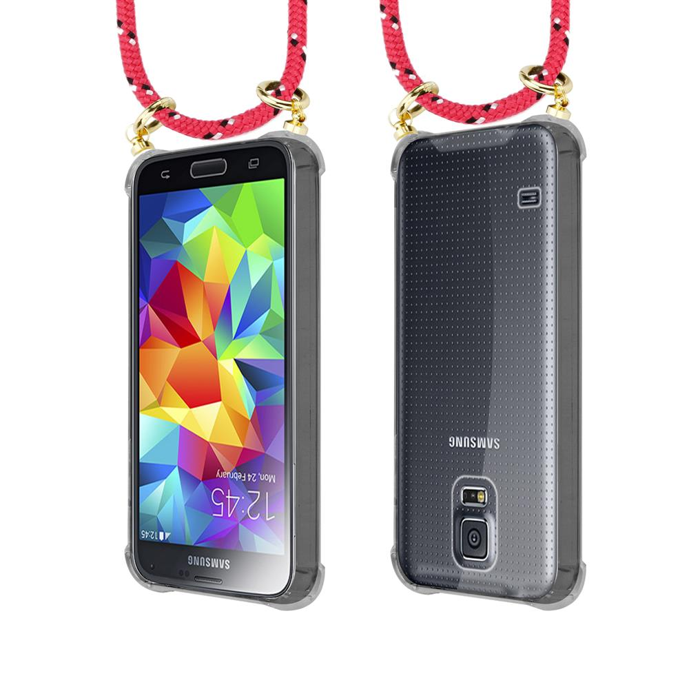 Uno smartphone Samsung con schermo colorato e cordino rosso.