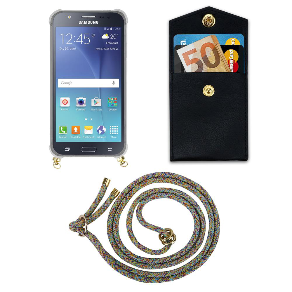 Un Samsung con cover trasparente, portafoglio nero con soldi e carte, e laccetto colorato.