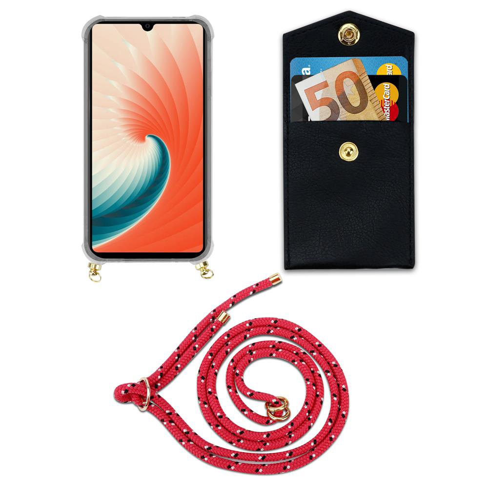 Un telefono in custodia trasparente, un porta carte nero con carte e denaro, e un cordino rosso.