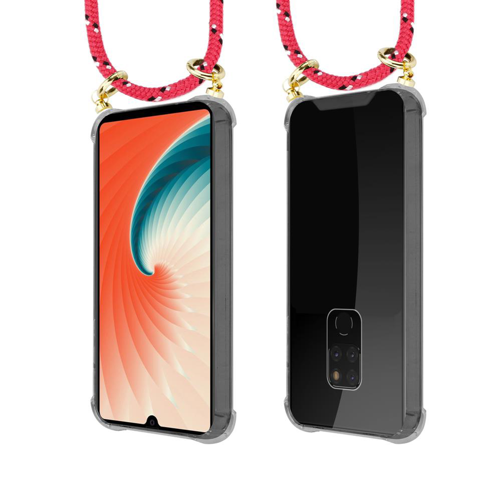 Due smartphone in custodie trasparenti con cordini rossi, viste frontale e posteriore.