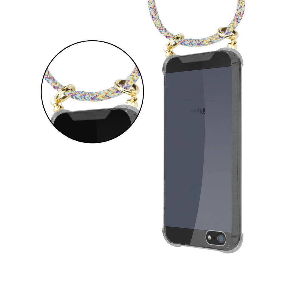 Custodia trasparente per iPhone con laccetto intrecciato colorato attaccato da anelli dorati.