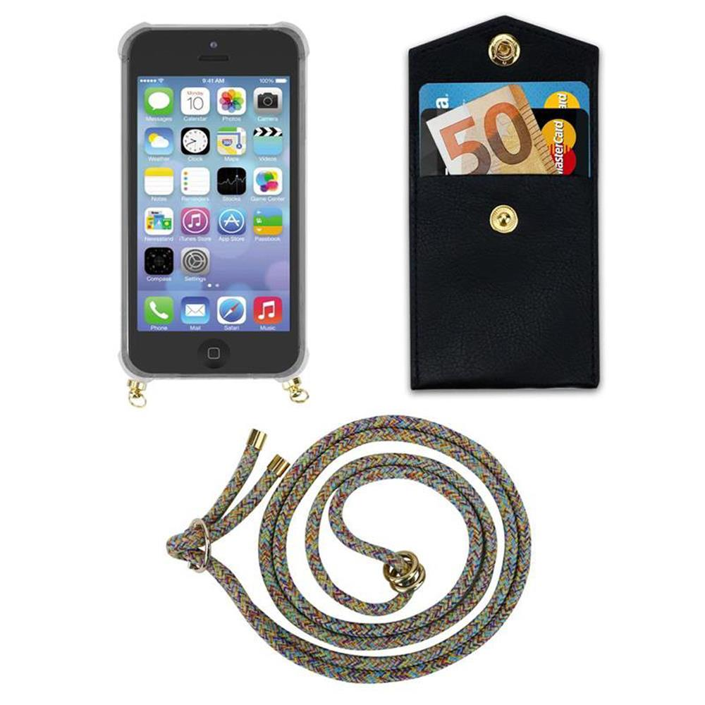 Un iPhone con custodia, tasca nera con soldi e carte, cordino colorato.