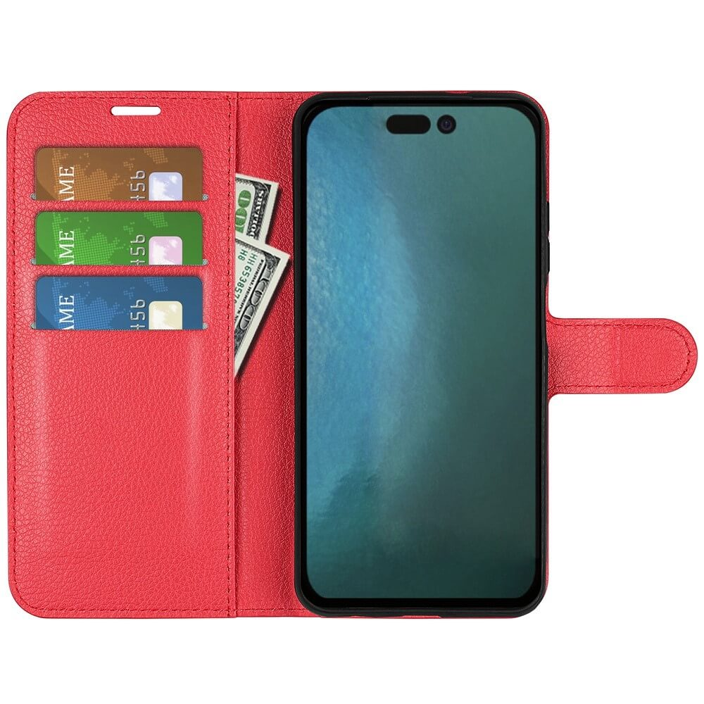 Custodia a portafoglio rossa per telefono con tre fessure per carte e banconote.