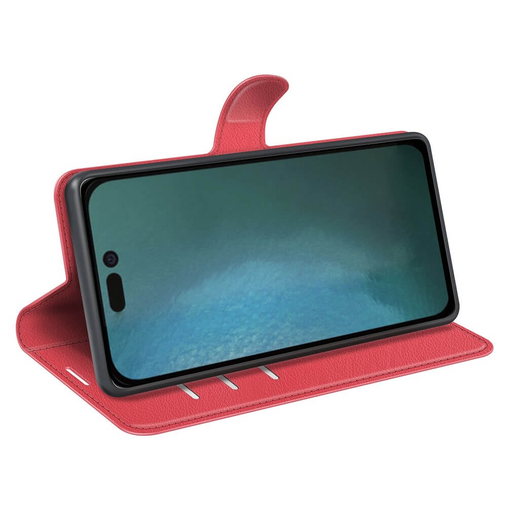 Custodia rossa a libro aperta con smartphone all'interno.