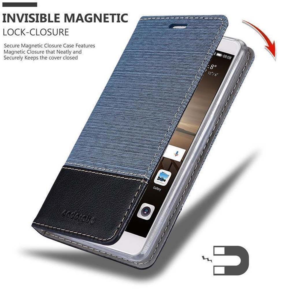 Custodia per telefono in denim blu e similpelle nera, chiusura magnetica.