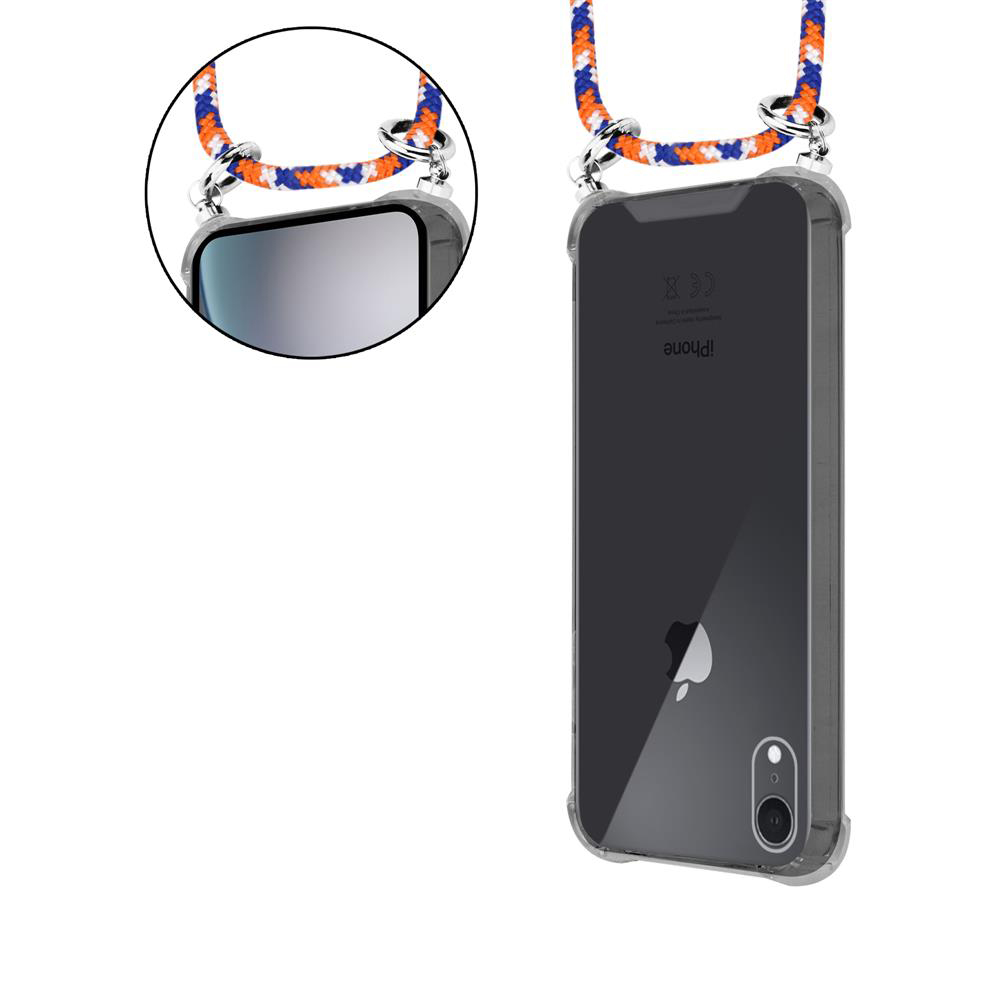 Ein transparentes Handyhülle mit einem orange-blau-weißen Band.