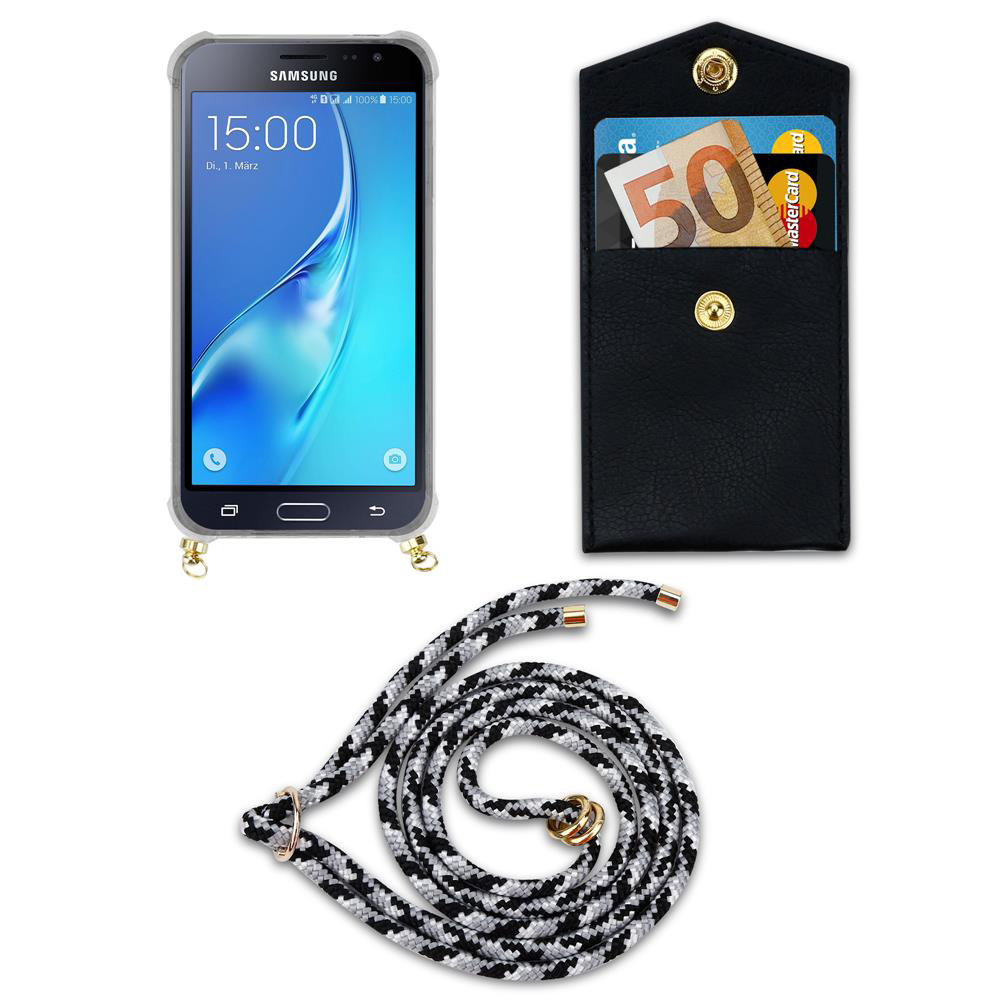 Smartphone con custodia nera, soldi, carte e cordino.