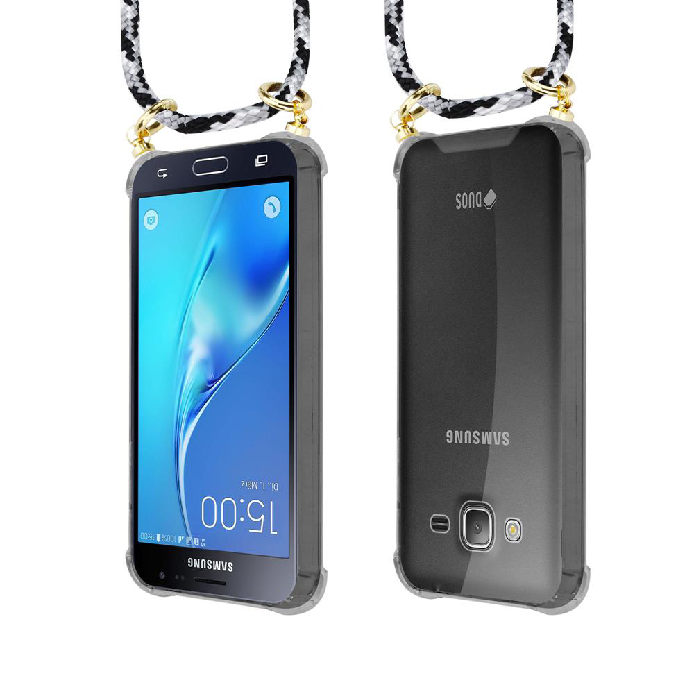Due telefoni Samsung con laccetto, fronte mostra schermo, retro mostra fotocamera e logo.