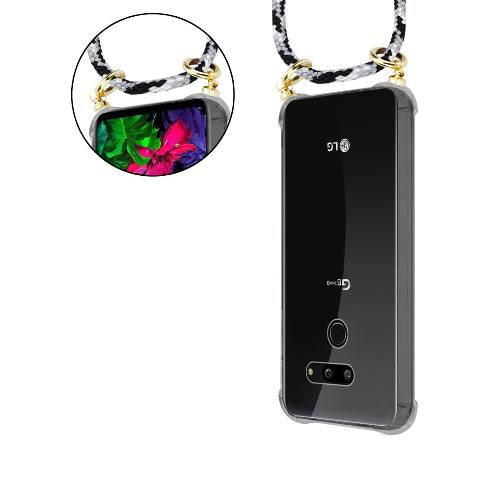LG-Telefon mit schwarzem und weißem Band auf beiden Seiten.
