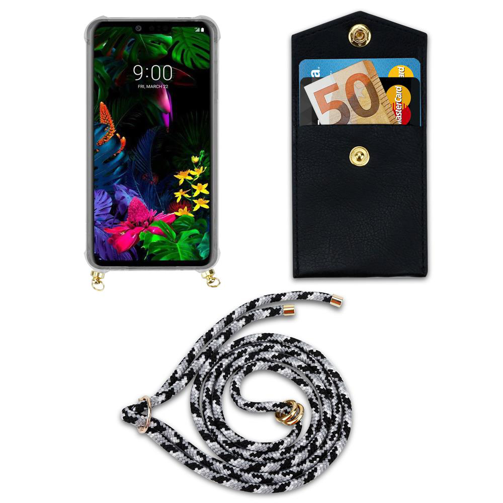 Smartphone mit Hülle, Geldtasche mit Geld und Karten, und Lanyard.