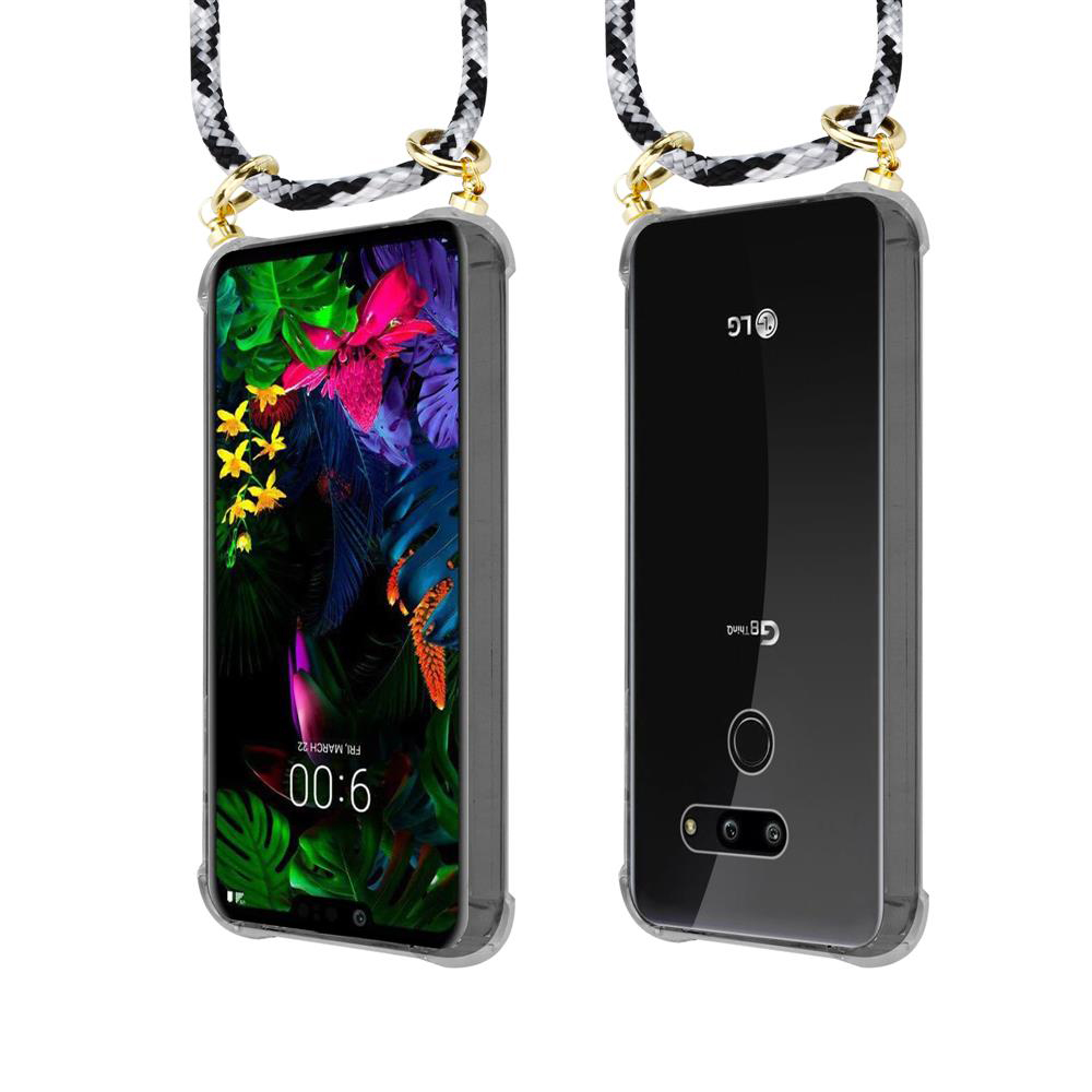 Zwei LG-Smartphones, Vorder- und Rückseite, mit Lanyard.