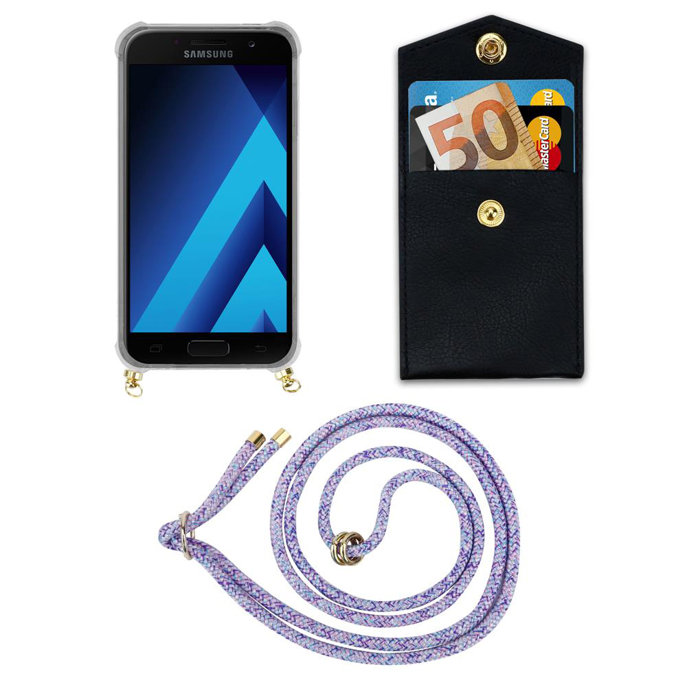 Telefono Samsung in custodia nera, portafoglio con soldi e carte, cordino viola.