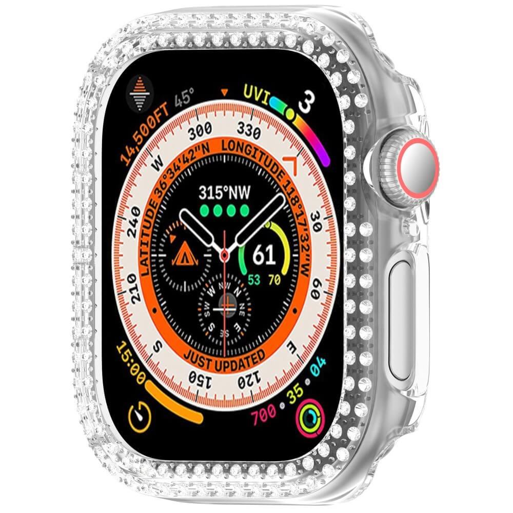 Un étui d'Apple Watch incrusté de diamants montrant son écran.