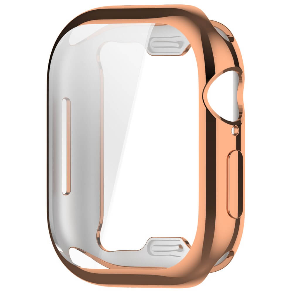 Un étui de protection transparent or rose pour une smartwatch.