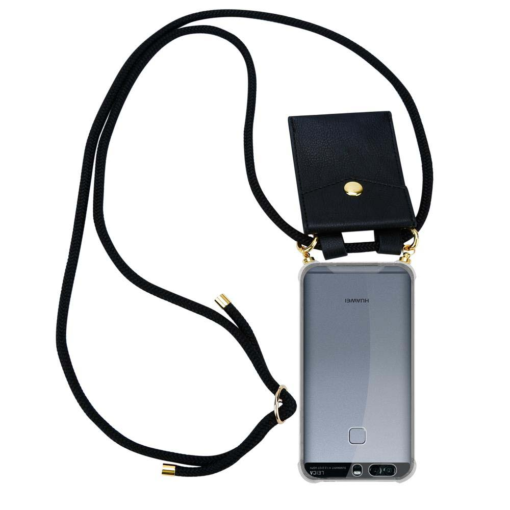Schwarzer Lanyard mit schwarzer Handyhülle und kleiner Tasche, mit goldenen Akzenten.