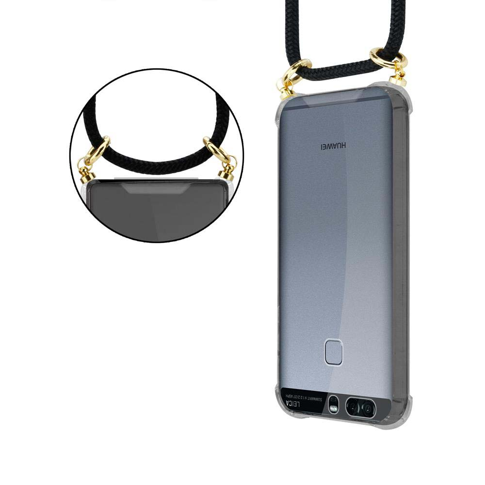 Graue Handyhülle mit schwarzem Band und goldenen Beschlägen.