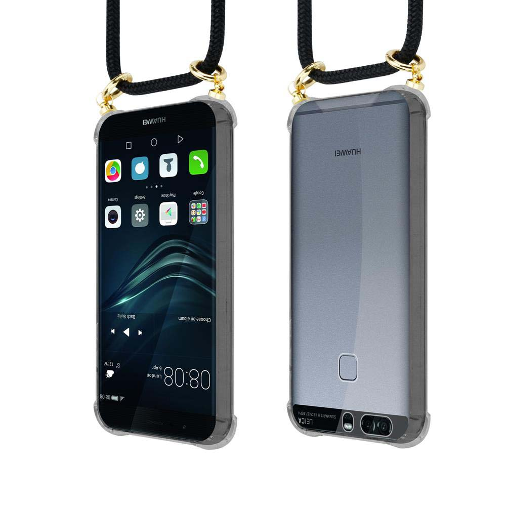 Zwei Huawei-Smartphones mit Trageband, eines zeigt den Bildschirm, das andere die Rückseite.