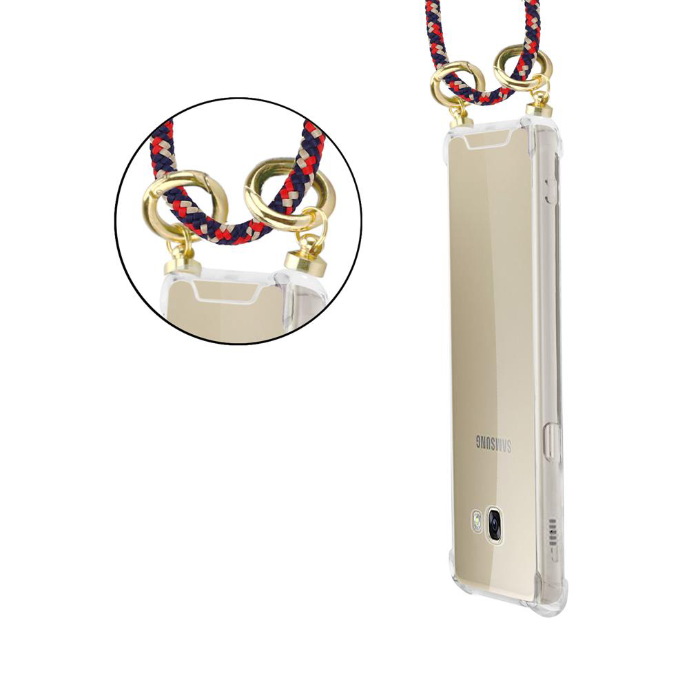 Custodia trasparente per telefono con laccetto in corda rosso, blu e bianco, fissata con anelli dorati.