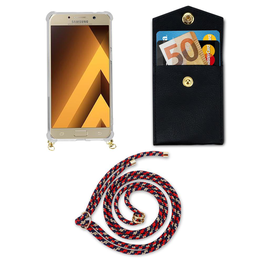 Uno smartphone in custodia, una tasca nera con carte e soldi, e un cordino.