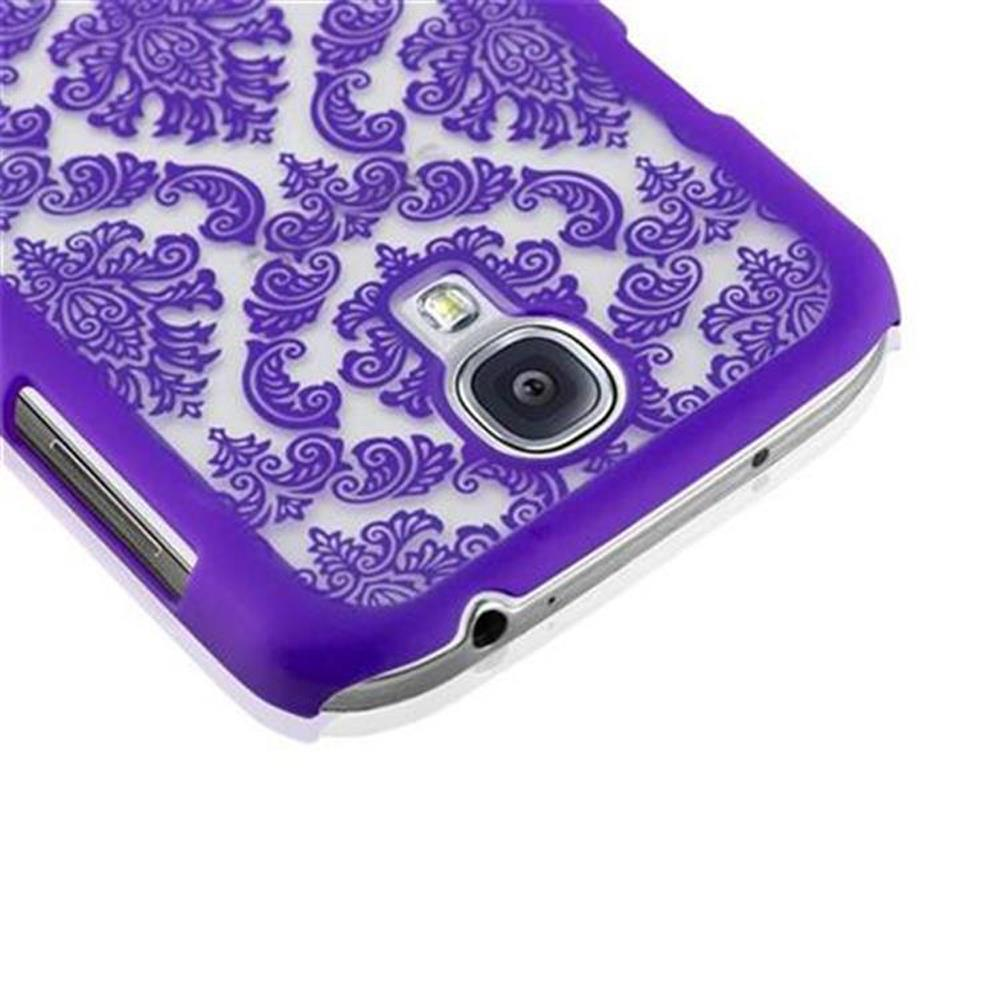 Custodia viola per telefono con motivo ornato, ritaglio fotocamera e pulsanti laterali.