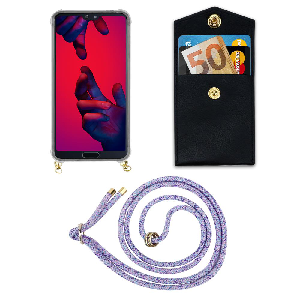Smartphone in custodia, porta carte nero con banconota da 50€ e carta, cordino viola.