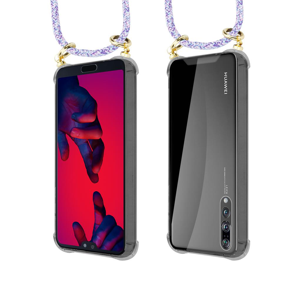 Due smartphone Huawei con laccetto. Uno mostra schermo rosso, l'altro retro nero.