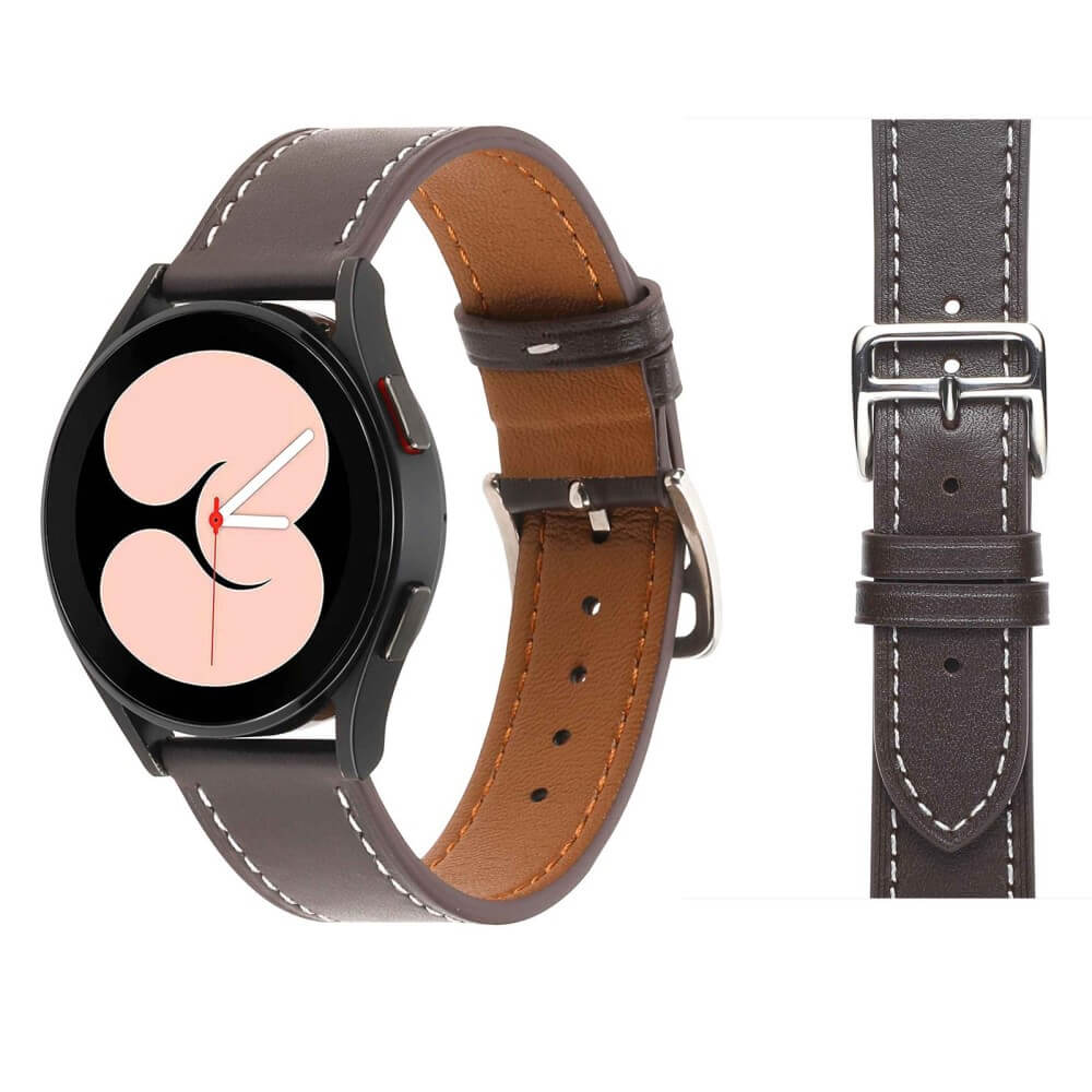 Un bracelet de montre en cuir marron foncé avec surpiqûres blanches et boucle argentée est montré.