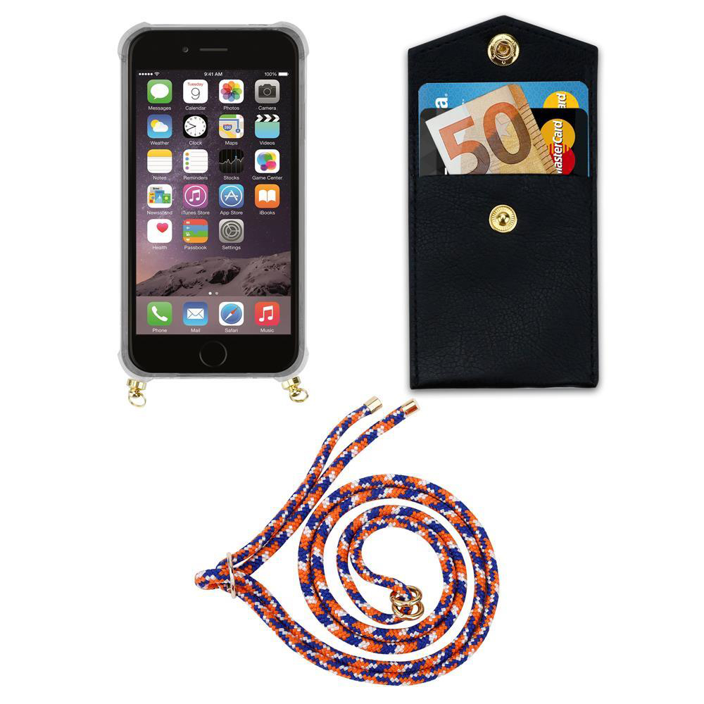 Smartphone con custodia, portafoglio con soldi e carta, cordino.