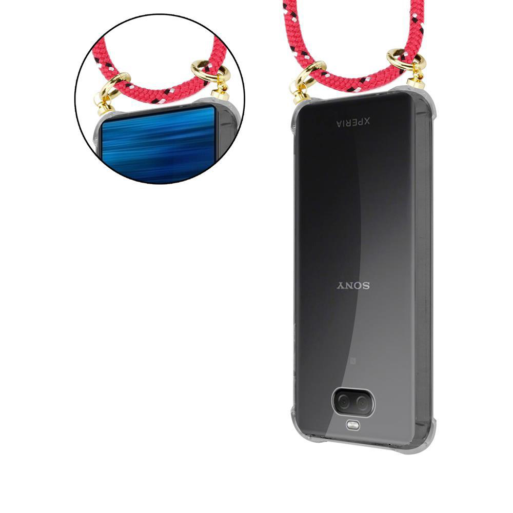 Ein schwarzer Sony Xperia-Handy mit einem durchsichtigen Kasten und einem roten Band.