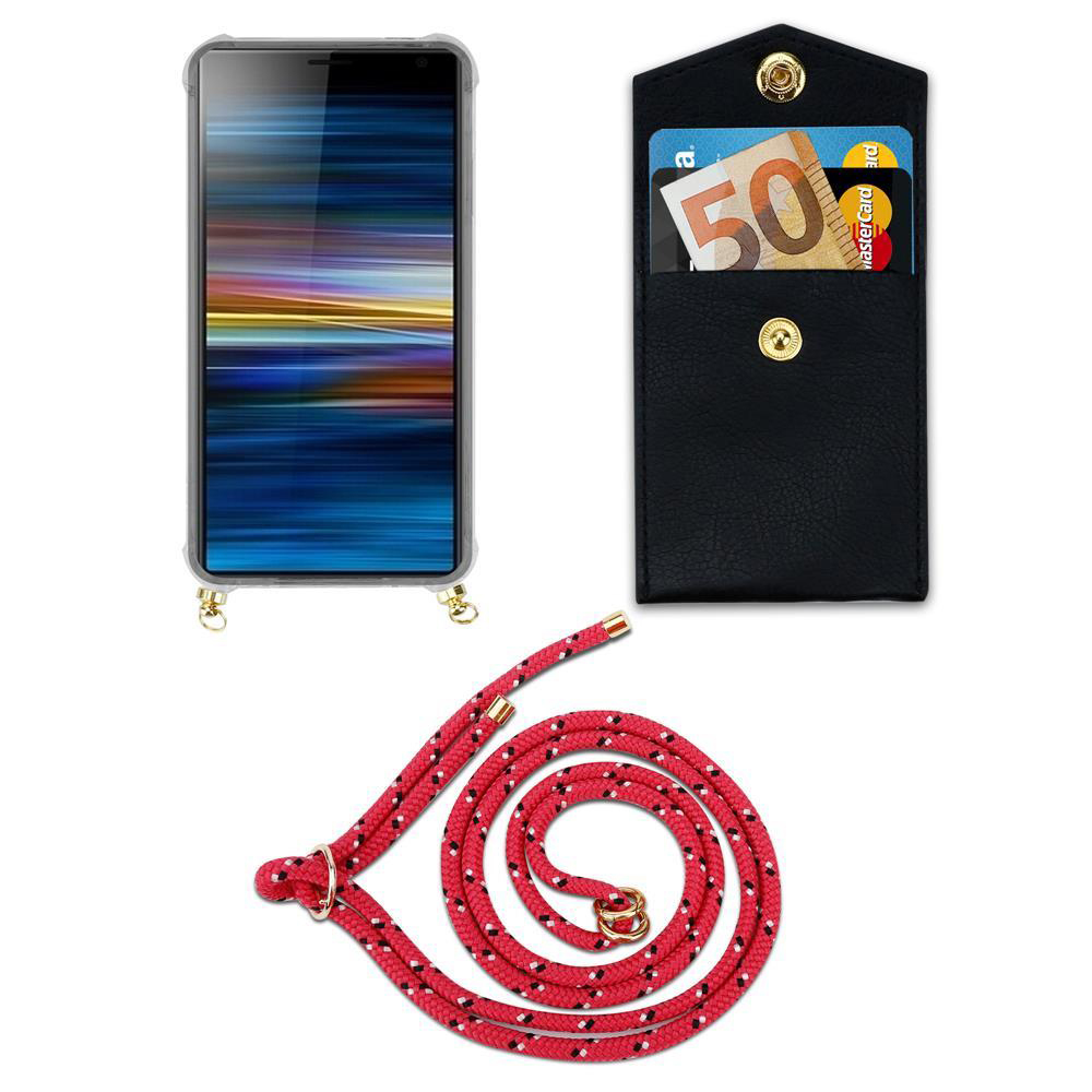 Smartphone in Hülle, schwarzes Etui mit Geld und Karten, rote Kordel.
