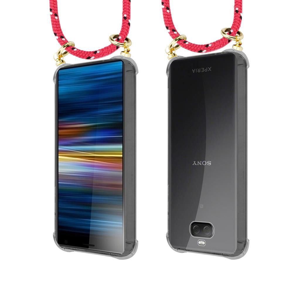 Zwei Smartphones in klaren Hüllen mit roten Lanyards. Eines zeigt den Bildschirm, das andere die Rückseite.