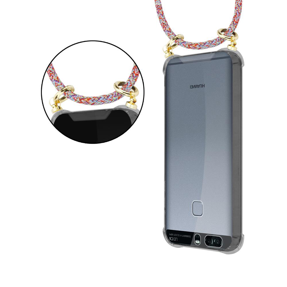 Ein Huawei-Smartphone in einer Hülle mit einem bunten Band, das um den Hals getragen wird.