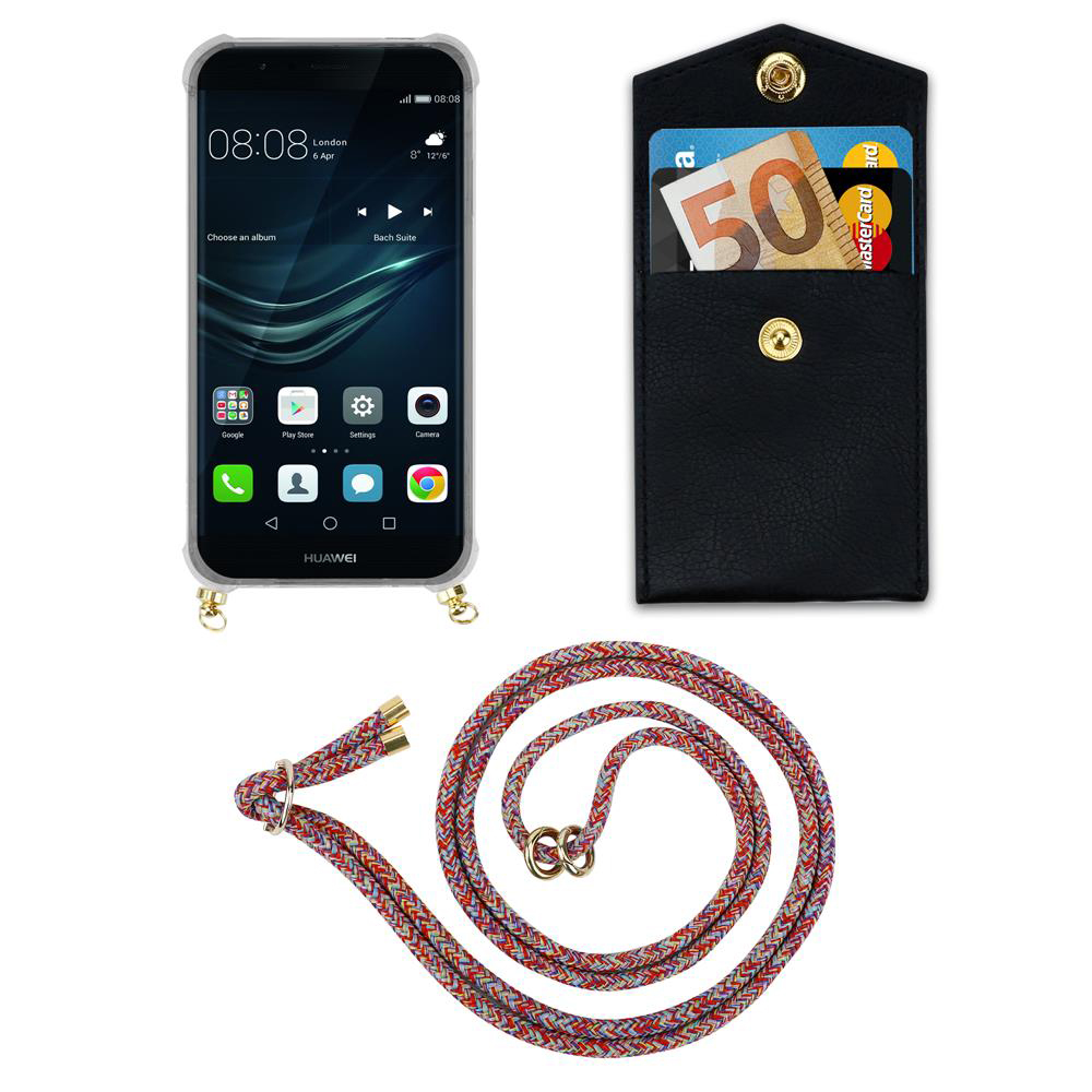 Ein Smartphone mit Hülle, eine schwarze Brieftasche mit Karten und Bargeld und ein buntes Lanyard.