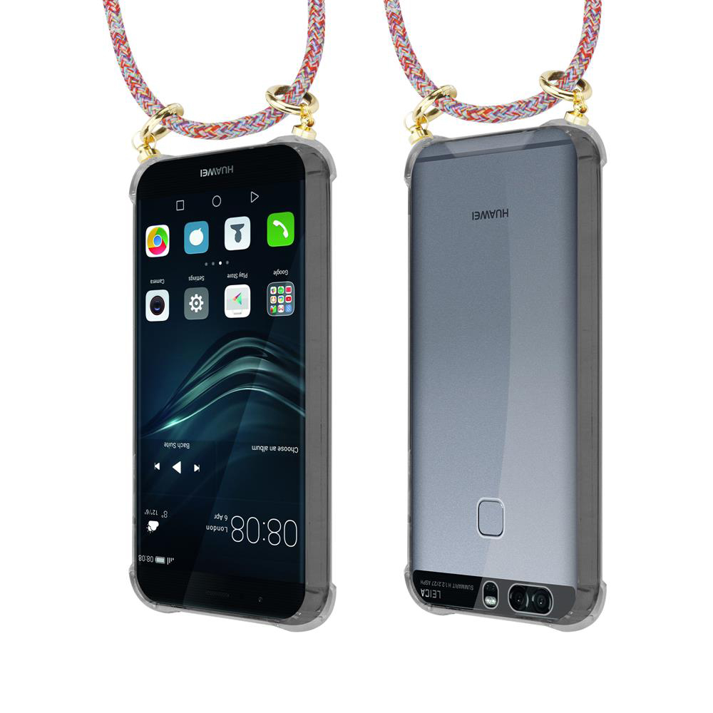 Zwei Huawei-Smartphones mit Trageband, Vorder- und Rückansicht.