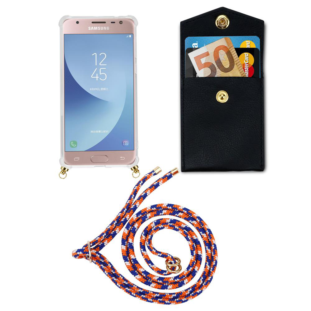 Un telefono Samsung in custodia, un portafoglio e un cordino su sfondo bianco.