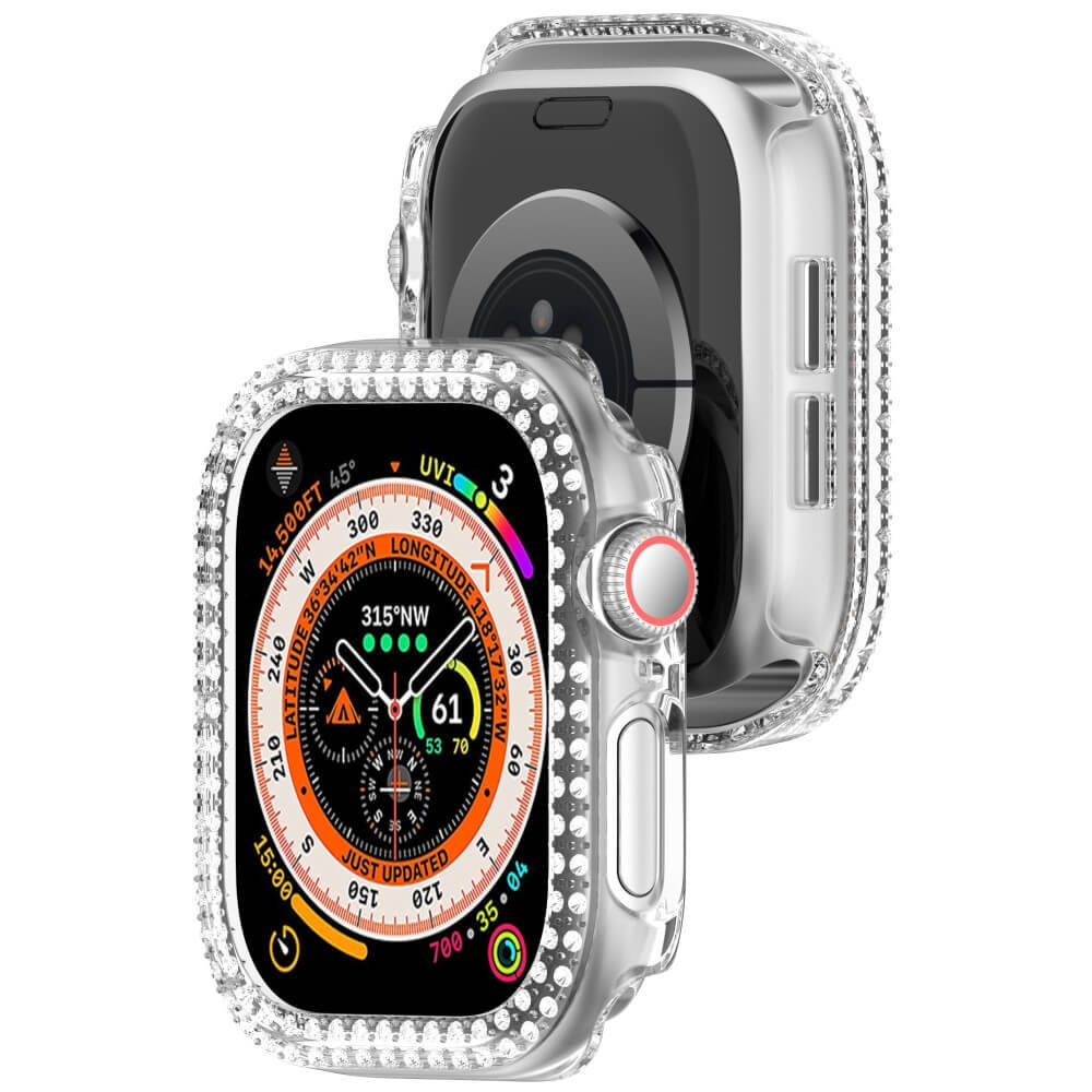 Un boîtier transparent avec strass protège une montre connectée à écran coloré.
