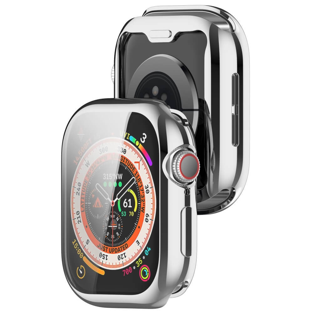 Coque de protection argentée pour une montre connectée avec écran actif.