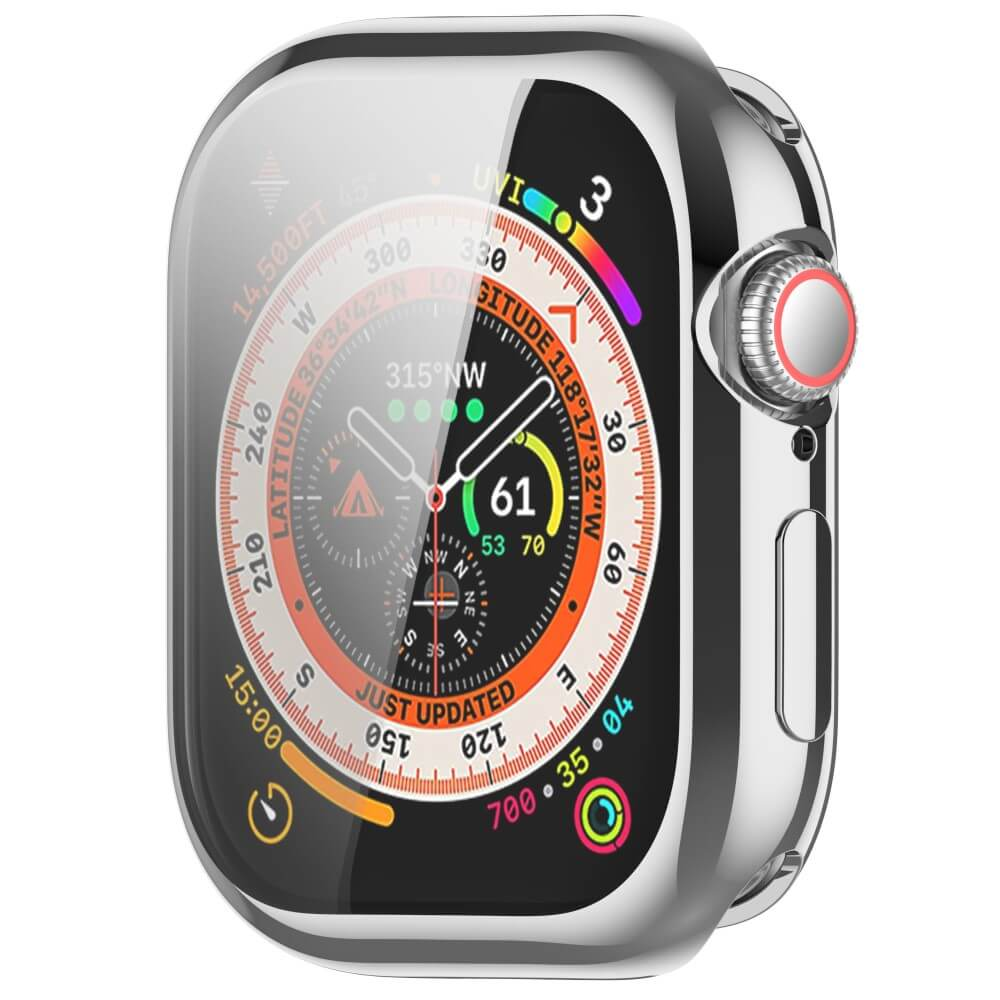 Une montre connectée avec boîtier argenté affiche boussole, altitude et coordonnées.
