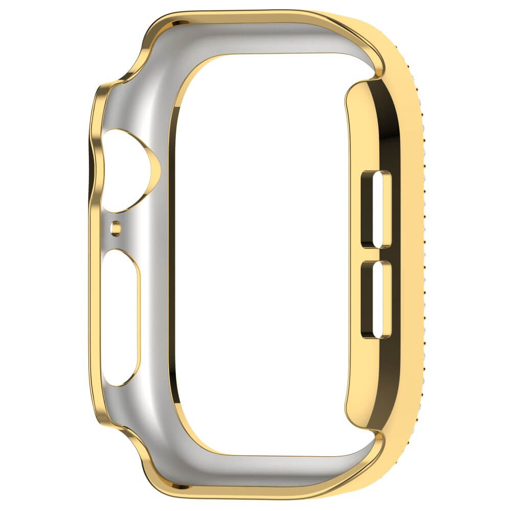 Coque de protection dorée avec accents argentés pour une montre connectée.