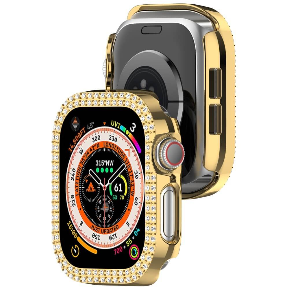 Montre connectée dorée avec lunette en diamant, affichant météo et boussole.